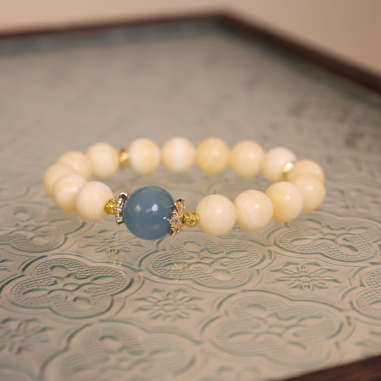 "Golden Solstice“- Sun Kissed Calcite & Ocean's Aquamarine Crown Beaded Bracelect