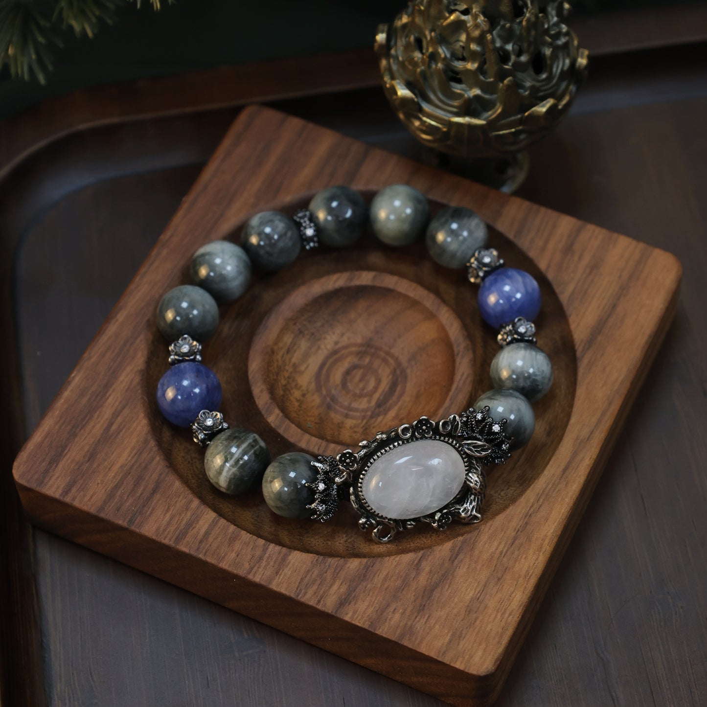 “Celestial Sentinel" – Hawk’s Eye & Astral Kyanite Majesty & Top Azeztulite Beaded Bracelet