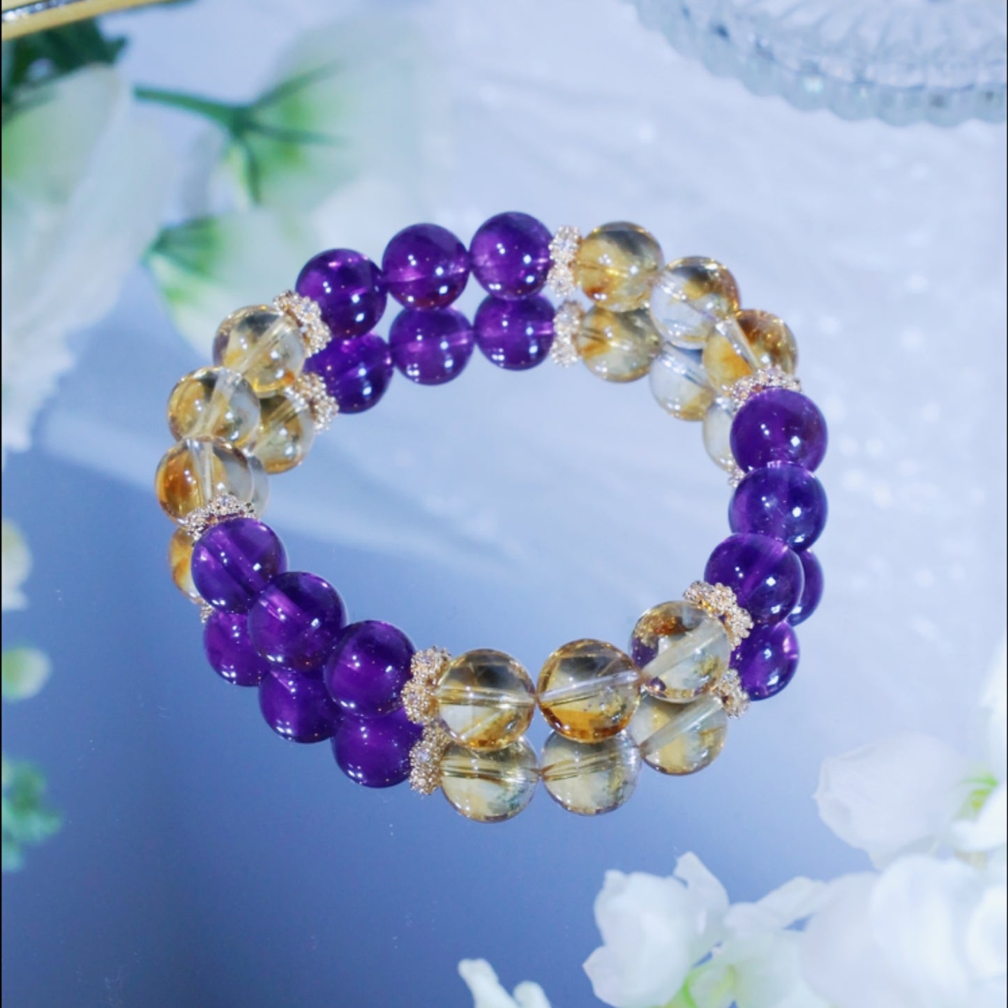 CITRINE PYRAMID AND URUGUAY AMETHYST BEADED BRACELET,WEALTHY AND INDEPENDENT