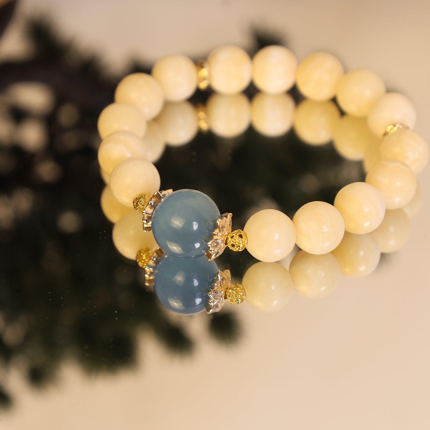 "Golden Solstice“- Sun Kissed Calcite & Ocean's Aquamarine Crown Beaded Bracelect