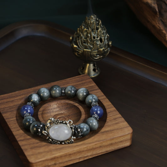 “Celestial Sentinel" – Hawk’s Eye & Astral Kyanite Majesty & Top Azeztulite Beaded Bracelet