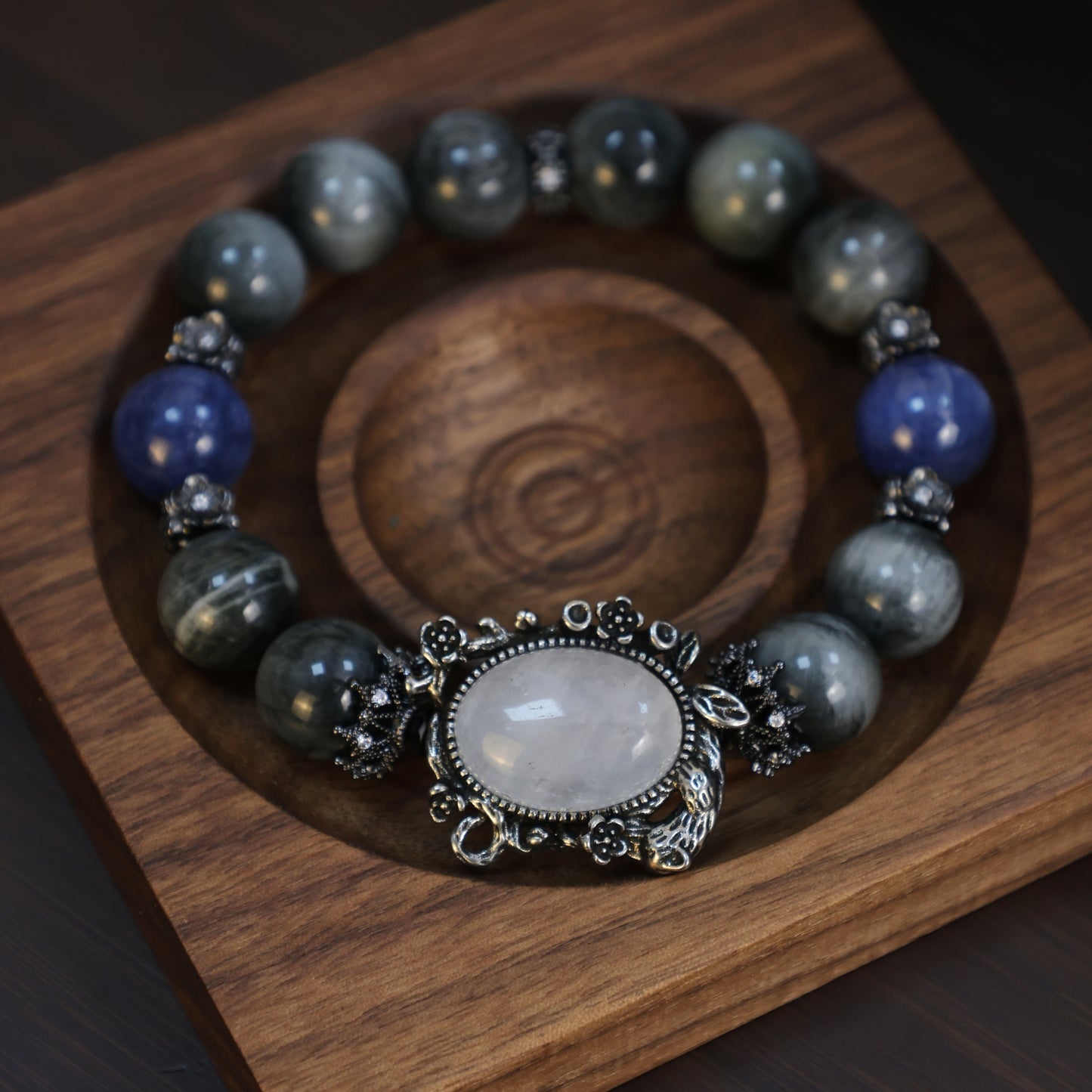 “Celestial Sentinel" – Hawk’s Eye & Astral Kyanite Majesty & Top Azeztulite Beaded Bracelet