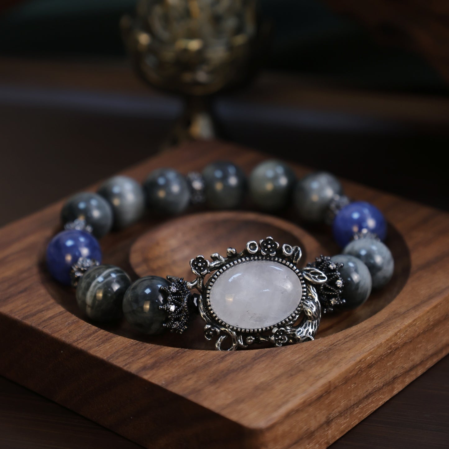“Celestial Sentinel" – Hawk’s Eye & Astral Kyanite Majesty & Top Azeztulite Beaded Bracelet