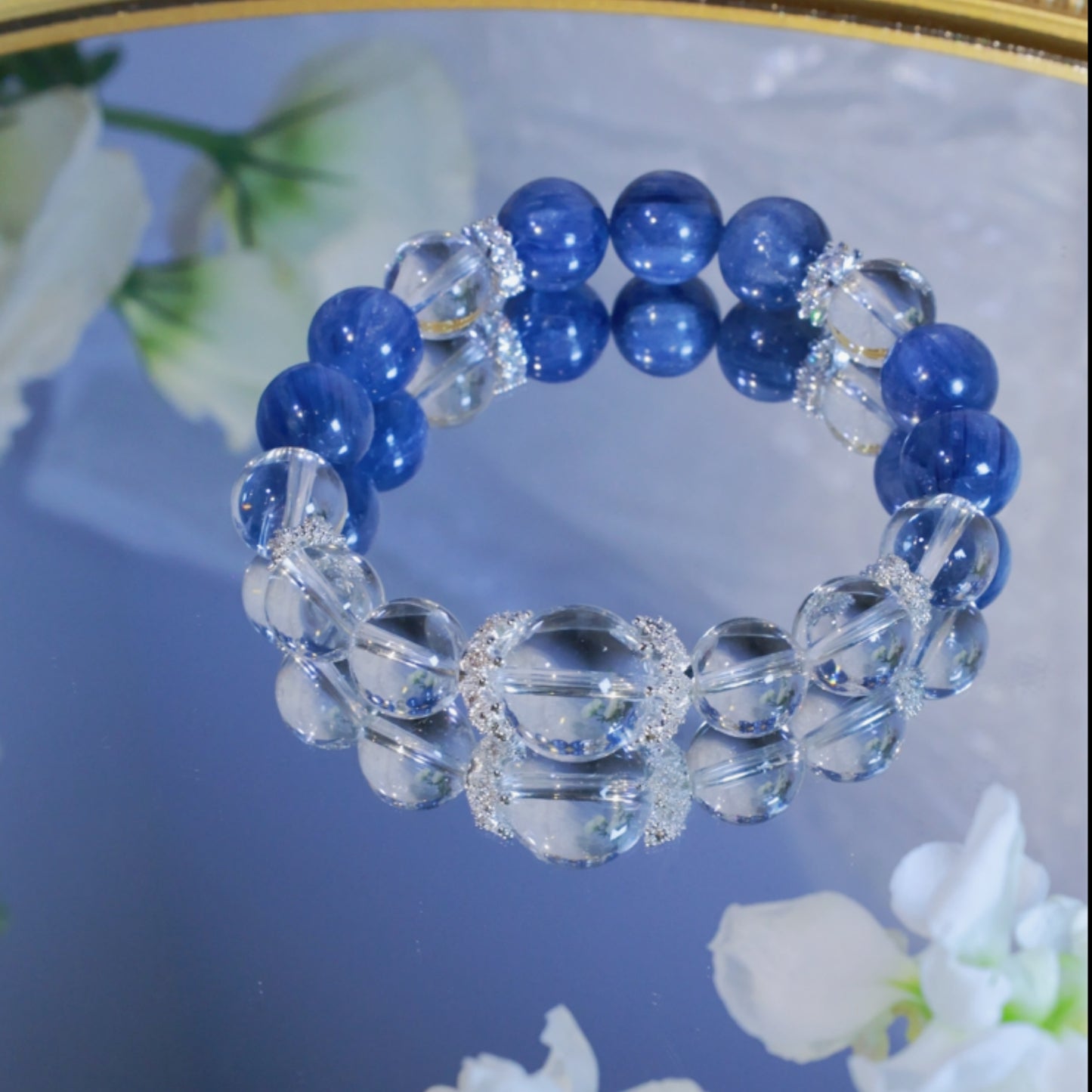 CLEAR QUARTZ AND BLUE QUARTZ BEADED BRACELET，PURIFYING UR SOUL