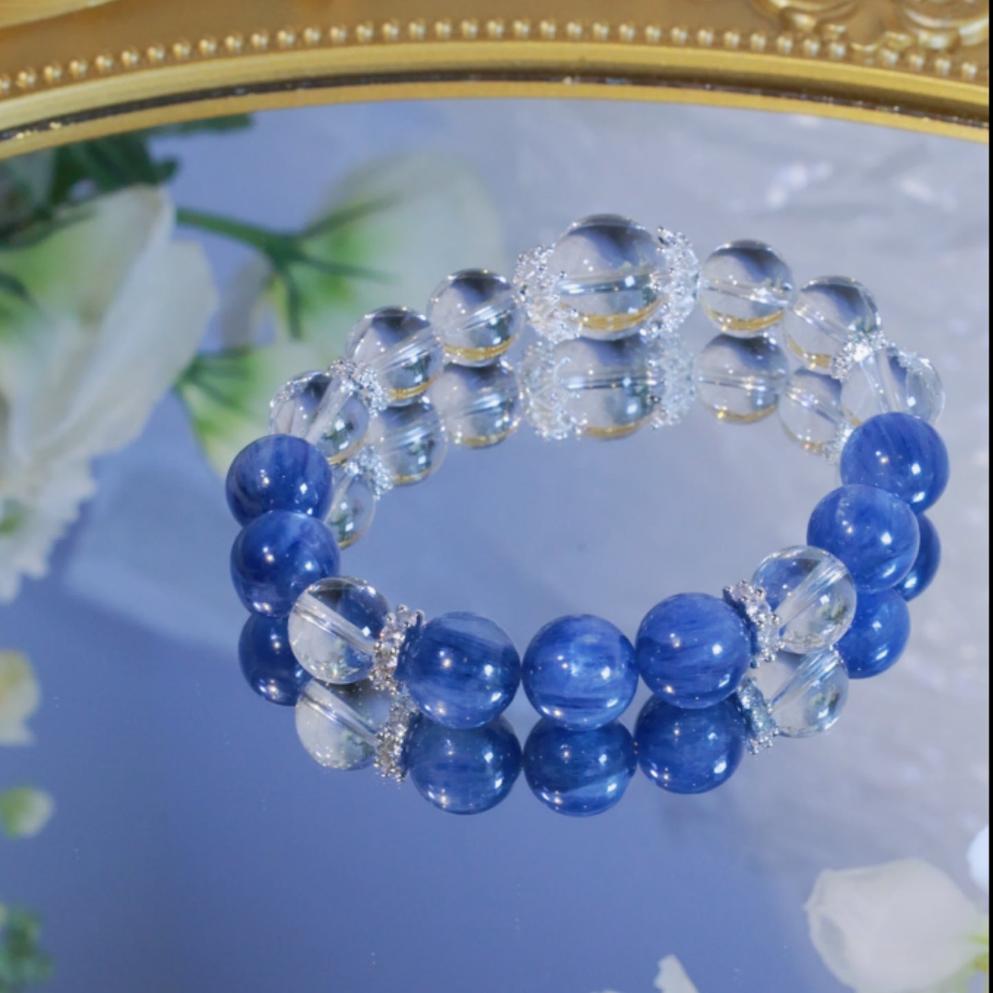 CLEAR QUARTZ AND BLUE QUARTZ BEADED BRACELET，PURIFYING UR SOUL