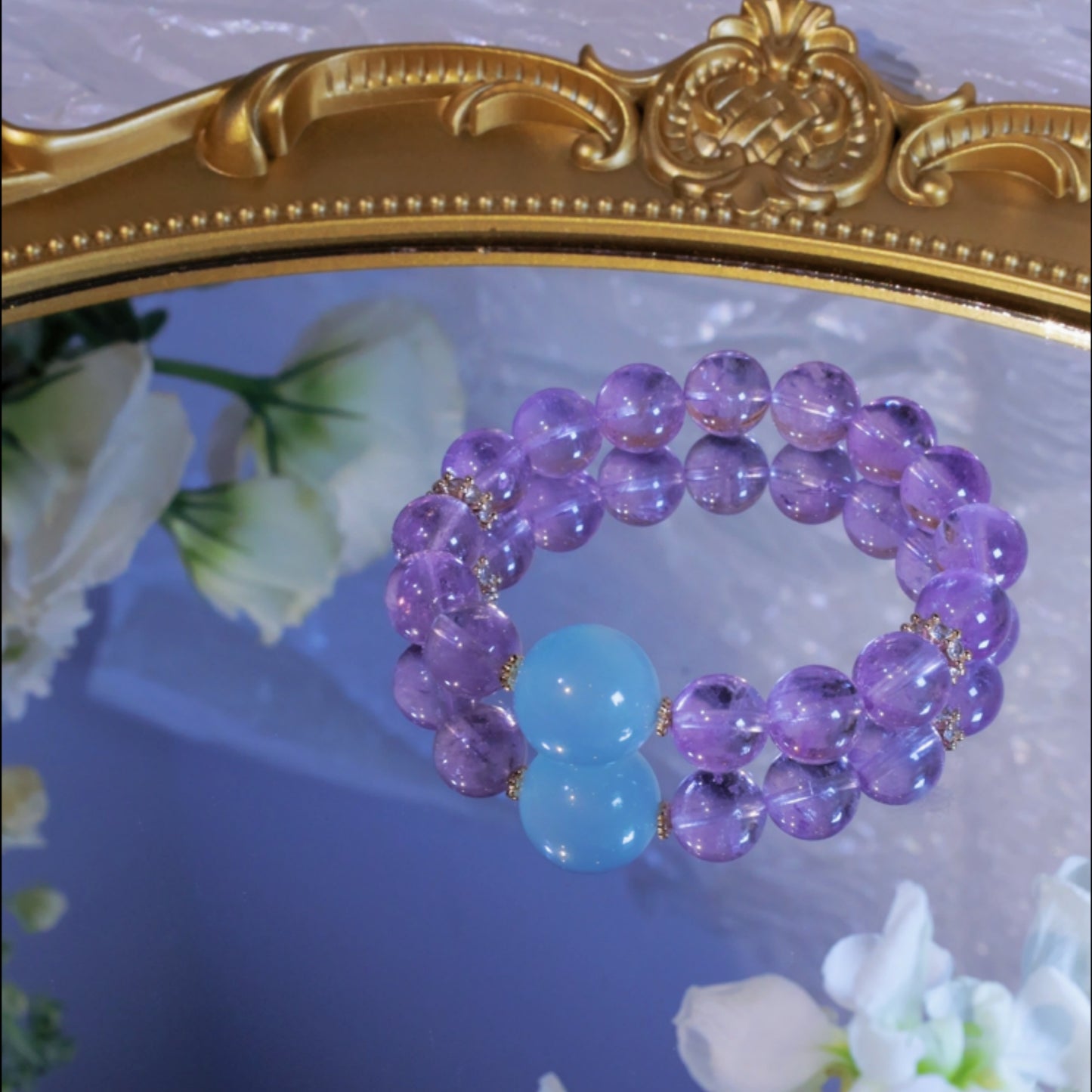 SERENITY’S OCEAN & SKY-LAVENDER AMETHYST WITH BIG AQUAMARINE BEAD BRACELET
