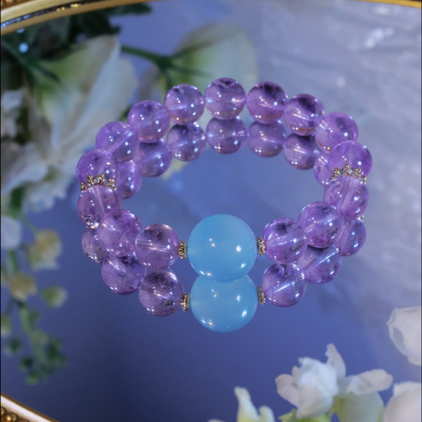 SERENITY’S OCEAN & SKY-LAVENDER AMETHYST WITH BIG AQUAMARINE BEAD BRACELET
