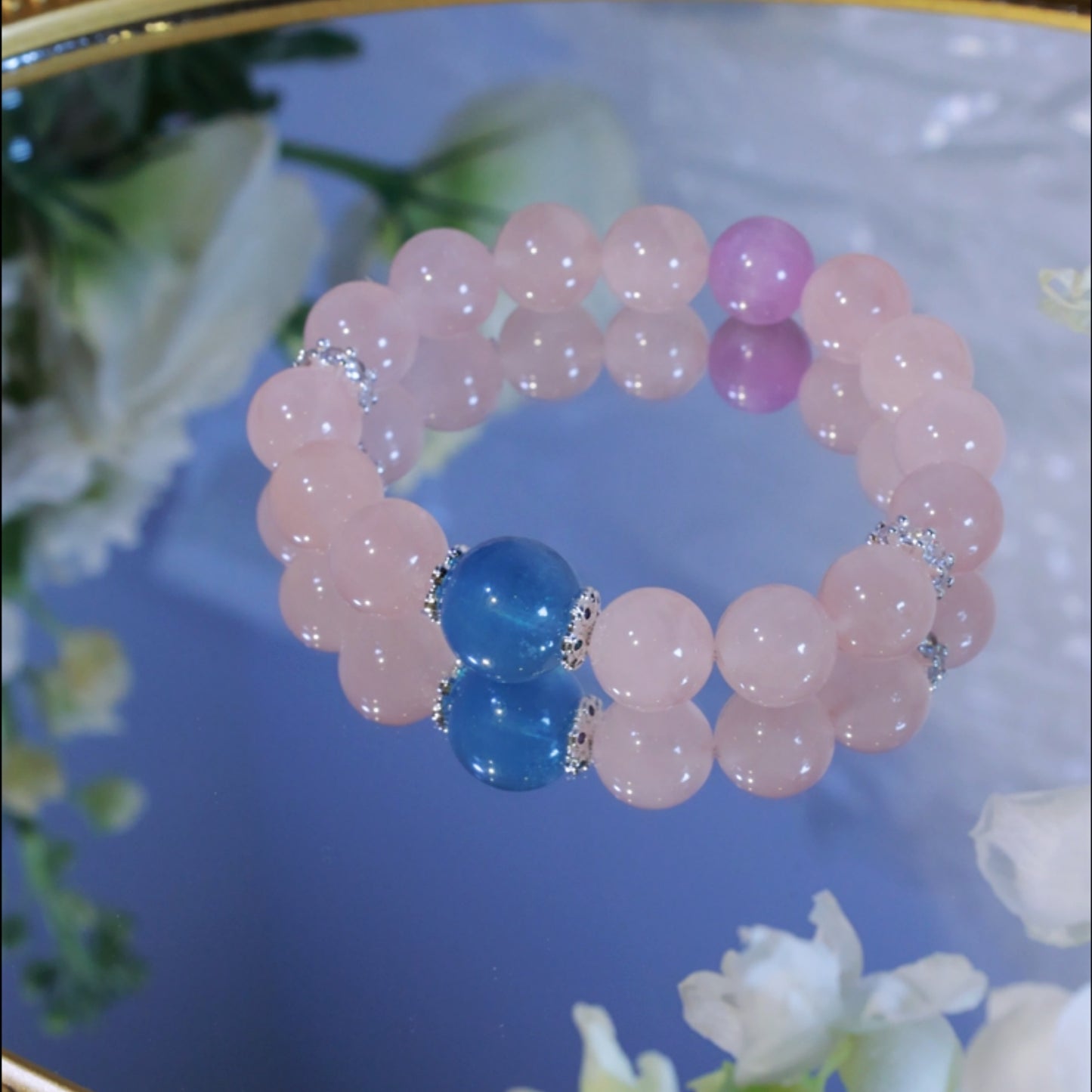 "Ocean's Whisper & Blush " - Aquamarine Crown & Rose Crystal & Kunzite Beaded Bracelet