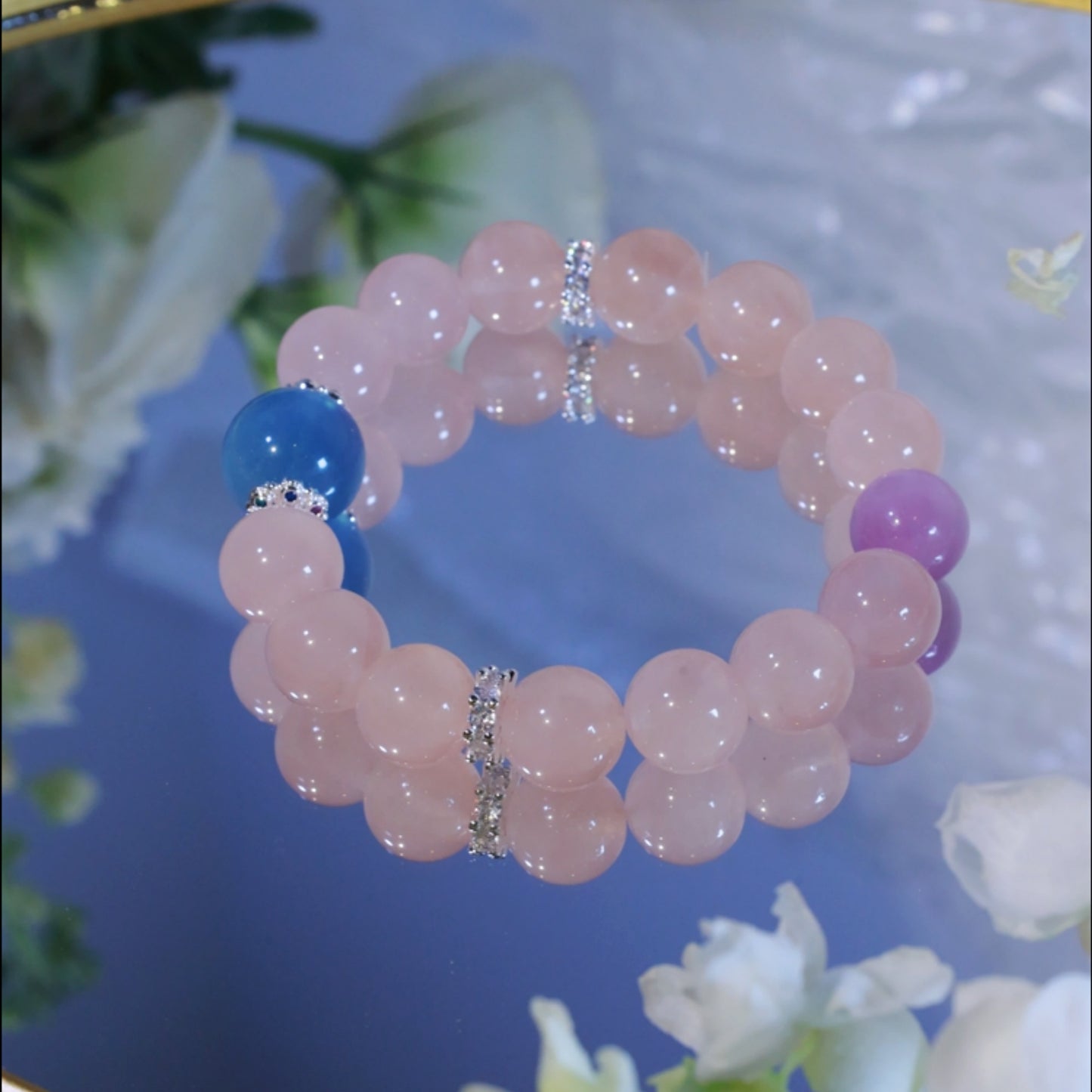 "Ocean's Whisper & Blush " - Aquamarine Crown & Rose Crystal & Kunzite Beaded Bracelet