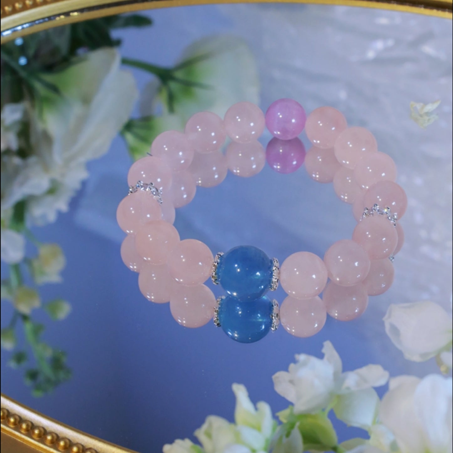 "Ocean's Whisper & Blush " - Aquamarine Crown & Rose Crystal & Kunzite Beaded Bracelet