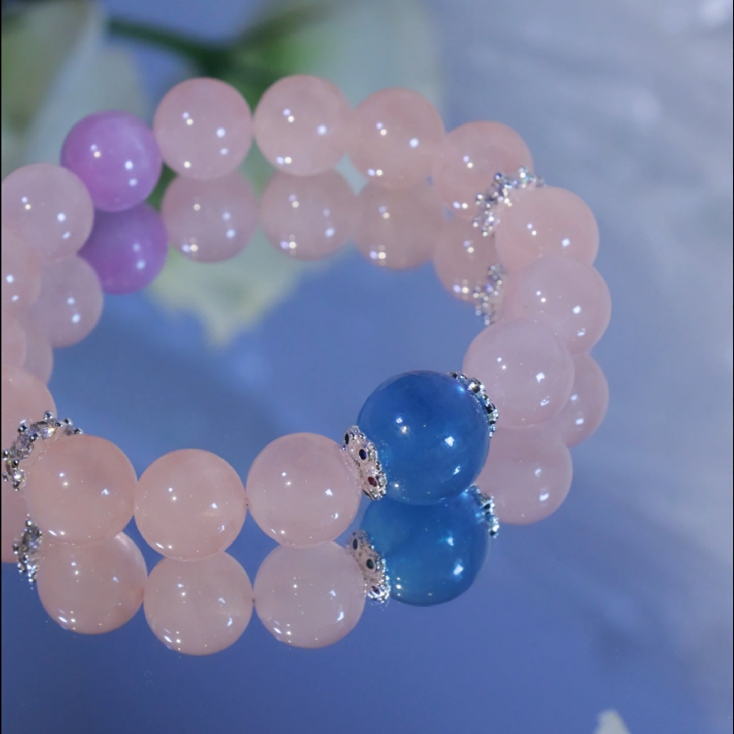 "Ocean's Whisper & Blush " - Aquamarine Crown & Rose Crystal & Kunzite Beaded Bracelet