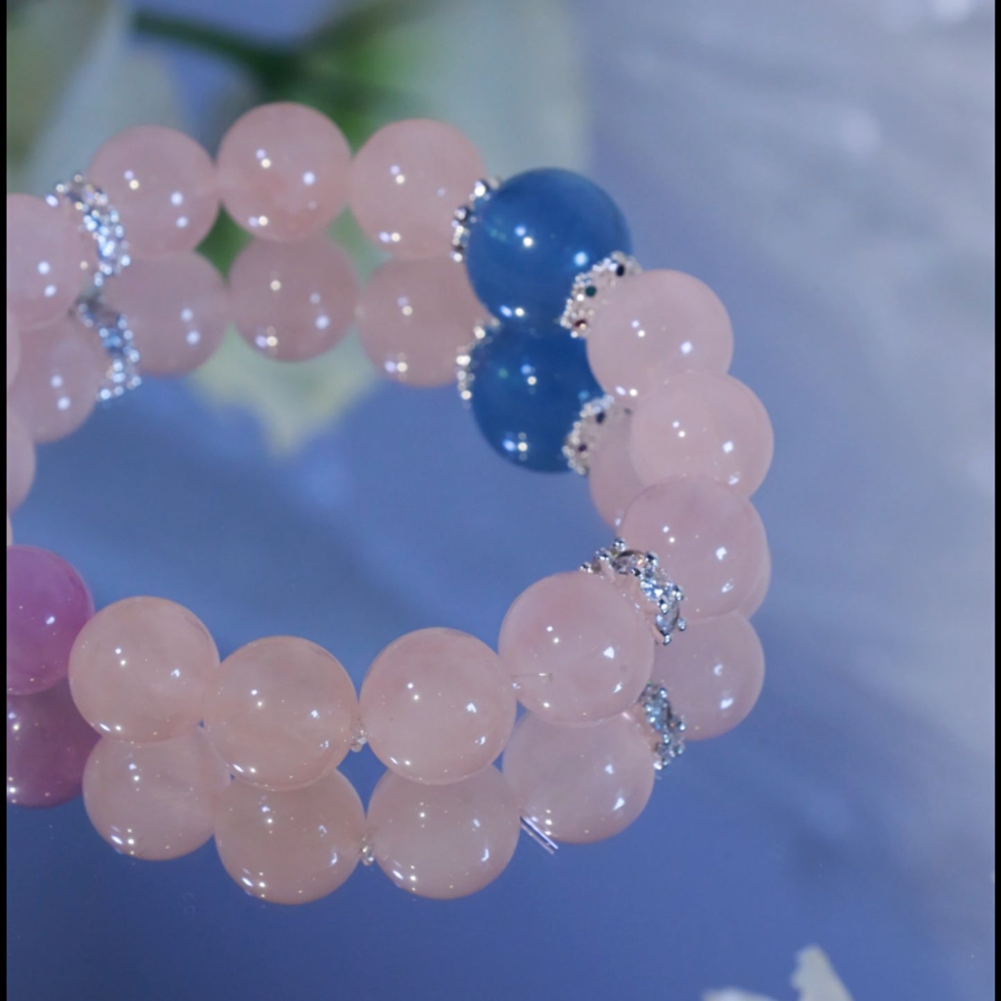 "Ocean's Whisper & Blush " - Aquamarine Crown & Rose Crystal & Kunzite Beaded Bracelet