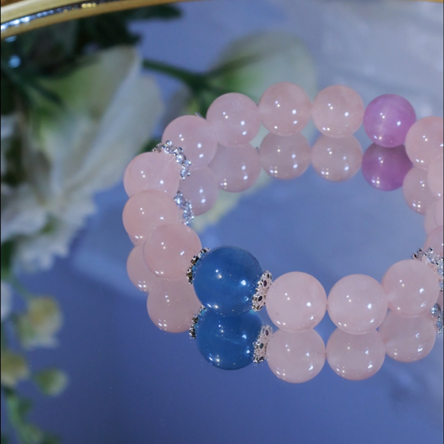"Ocean's Whisper & Blush " - Aquamarine Crown & Rose Crystal & Kunzite Beaded Bracelet