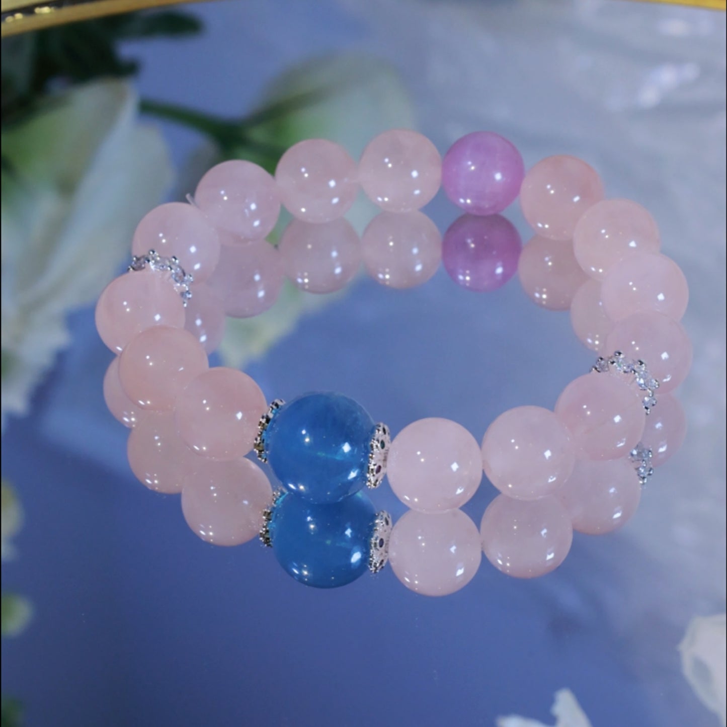 "Ocean's Whisper & Blush " - Aquamarine Crown & Rose Crystal & Kunzite Beaded Bracelet