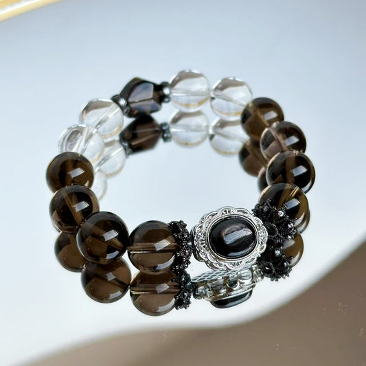 "ROOTED IN LIGHT" – SMOKY CRYSTAL & CLEAR CRYSTAL BEADED BRACELET