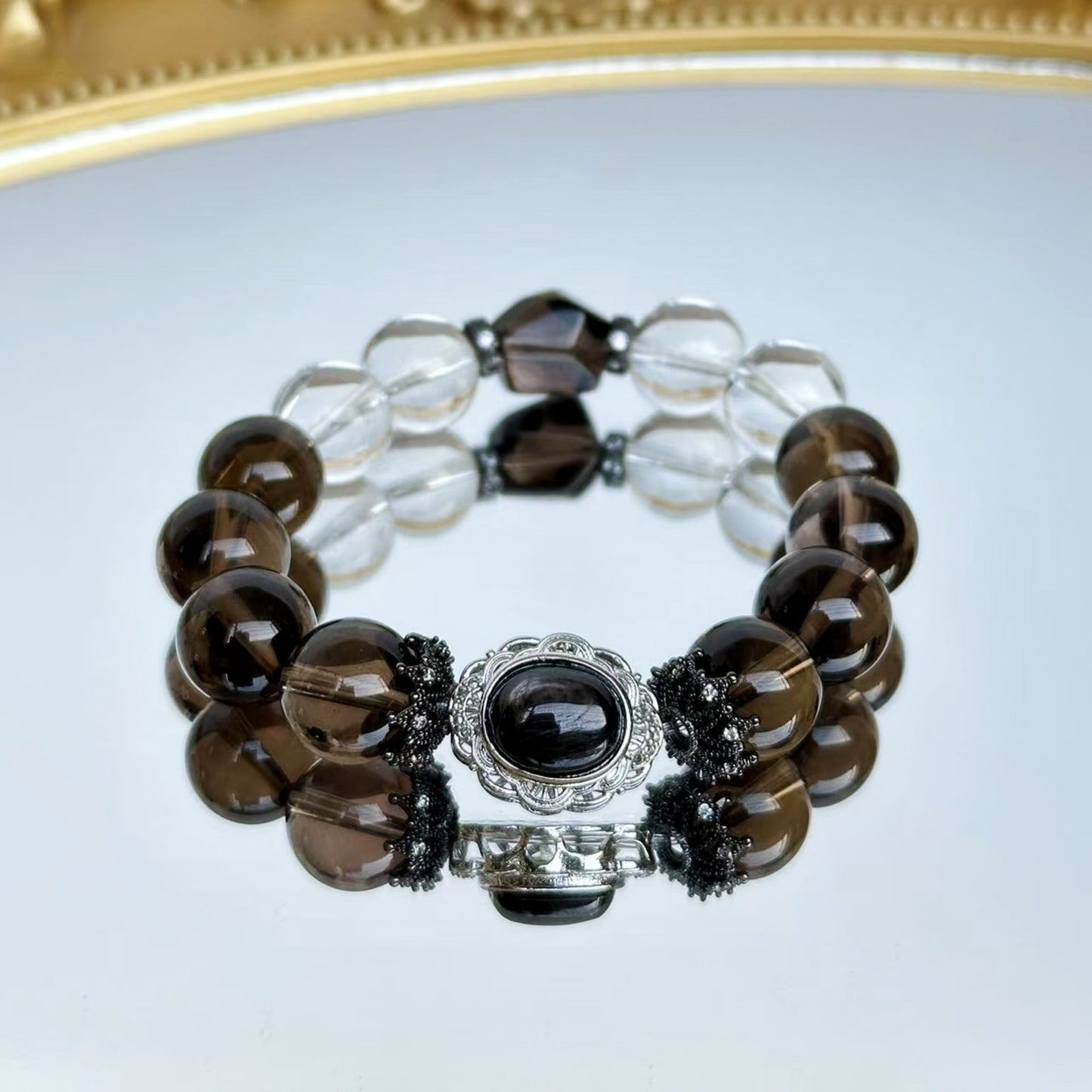 "ROOTED IN LIGHT" – SMOKY CRYSTAL & CLEAR CRYSTAL BEADED BRACELET