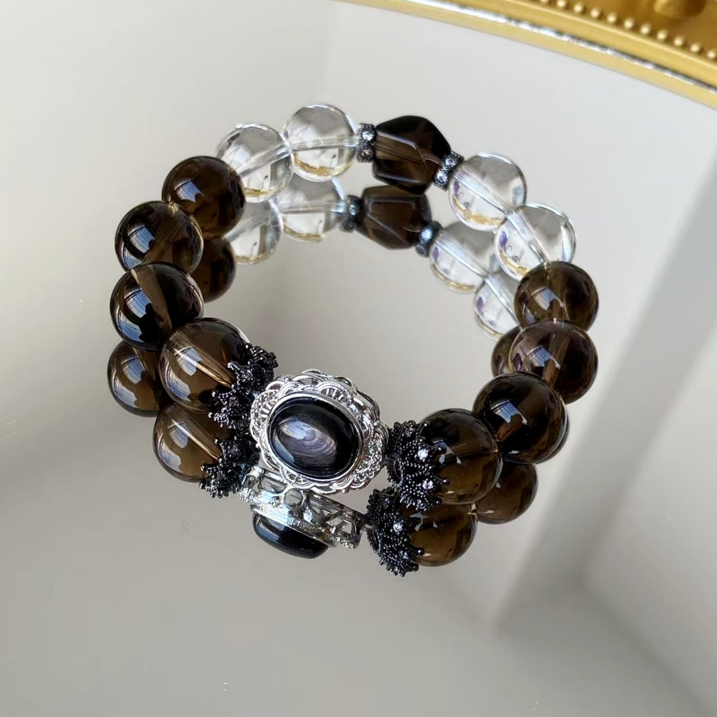 "ROOTED IN LIGHT" – SMOKY CRYSTAL & CLEAR CRYSTAL BEADED BRACELET