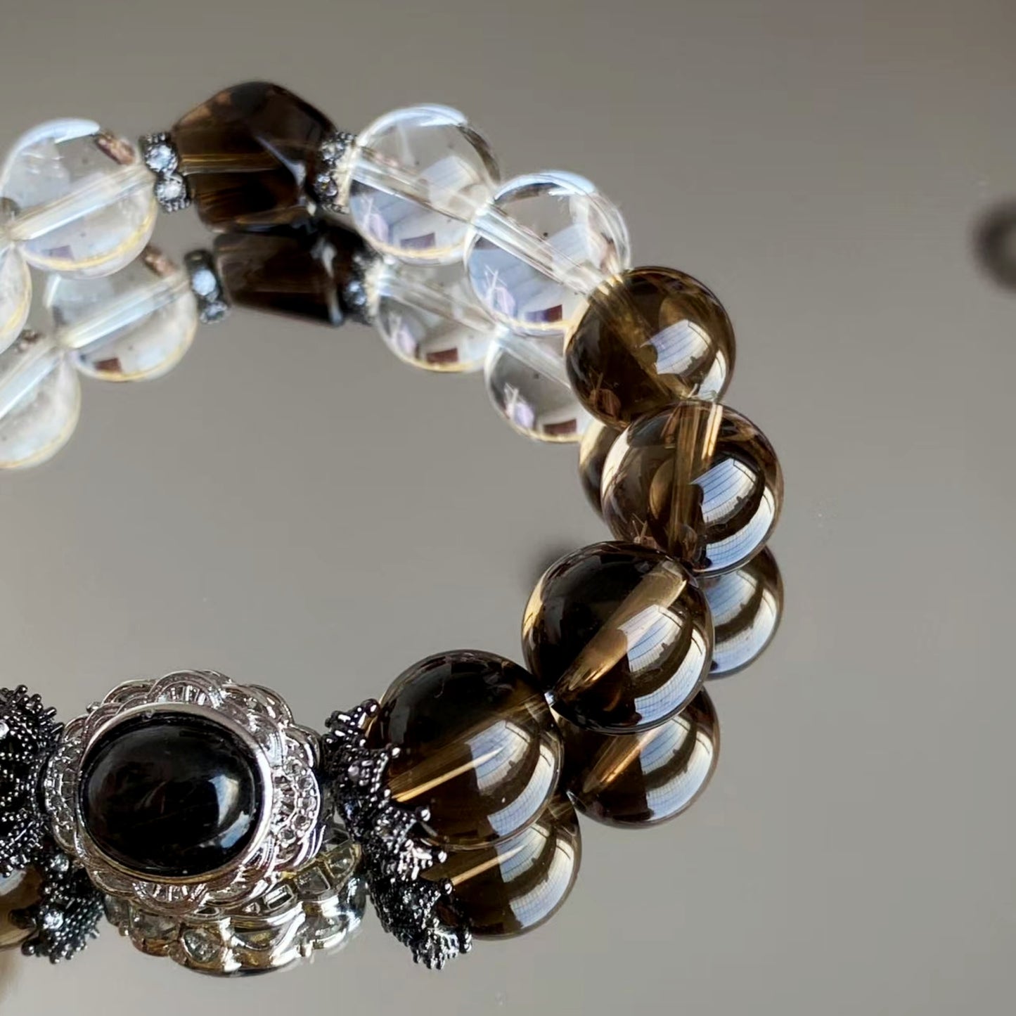 "ROOTED IN LIGHT" – SMOKY CRYSTAL & CLEAR CRYSTAL BEADED BRACELET